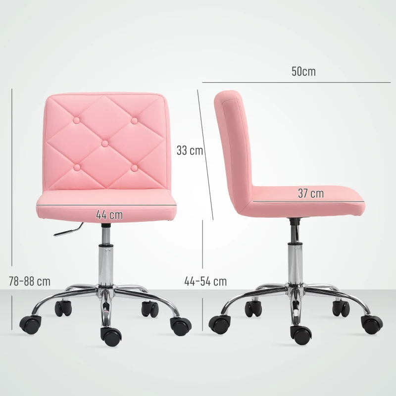 HOMCOM PU Leather Armless Office Chair, Modern Vanity Computer Swivel Chair with Rolling Wheels and Adjustable Height for Home Study, Bedroom, Pink