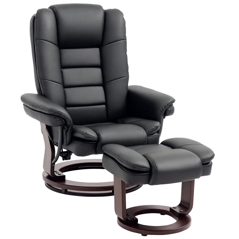 HOMCOM Recliner Chair With footstool, Recliner Armchair up to 130kg Weight Capacity, 135° Reclining Swivel Sofa Chair, PU Leather Ergonomic Couch Bed with Swivel Wood Base for Living Room, Black