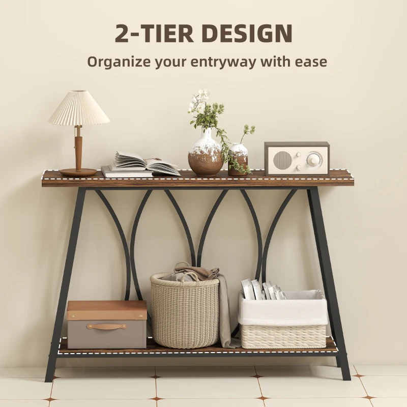 HOMCOM Narrow Console Table, Industrial 2-Tier Sofa Table with Metal Frame for Entryway, Living Room, 120x30x80cm, Rustic Brown