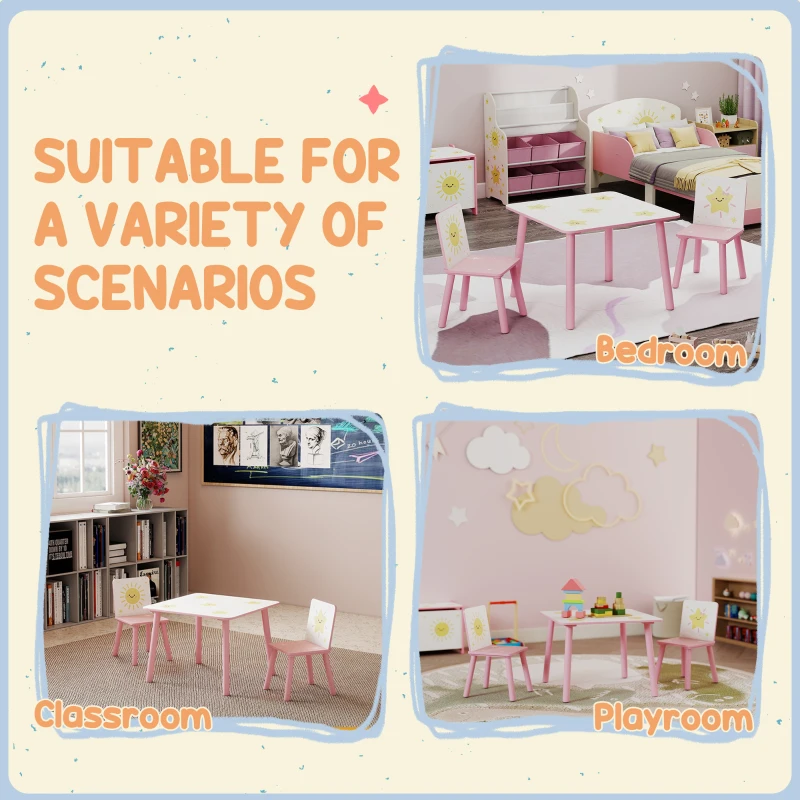 AIYAPLAY 3-Piece Toddler Table and Chair Set, Kids Table with 2 Chairs Set for Bedroom, Nursery, Playroom, Pink