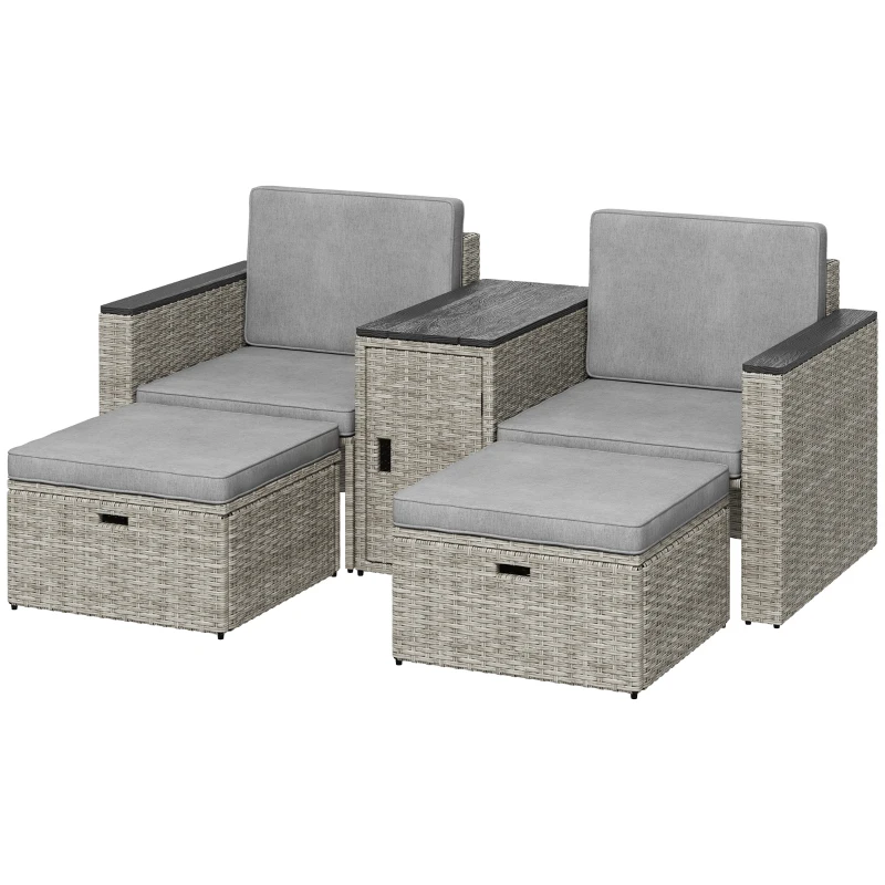 Outsunny 5 Piece Rattan Garden Furniture Set with Storage Table, Footstools, Cushions, Grey
