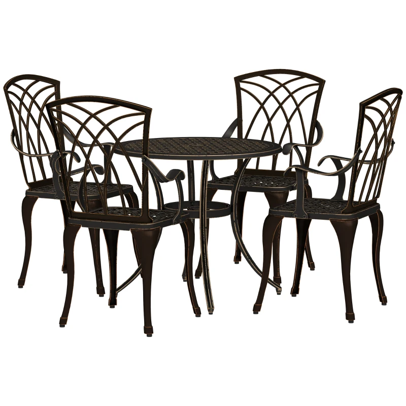 Outsunny 5 Pieces Garden Dining Set for 4, Cast Aluminium Outdoor Dining Set with 4 Armchairs and Round Dining Table with Parasol Hole, Garden Furniture Bistro Set, Bronze Tone