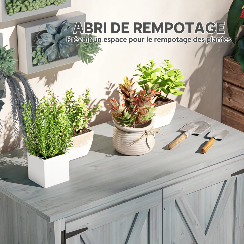 Outsunny Armoire de jardin en bois, placard de jardin en bois avec étagères et double portes, 110 x 60 x 88,5 cm, gris clair