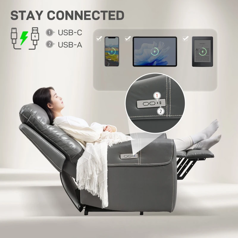 HOMCOM Power Lift Recliner Chair for Elderly, Overstuffed Faux Leather Riser and Reclining Chair with USB A+C Ports, Recliner Armchair for Living Room, Charcoal Grey