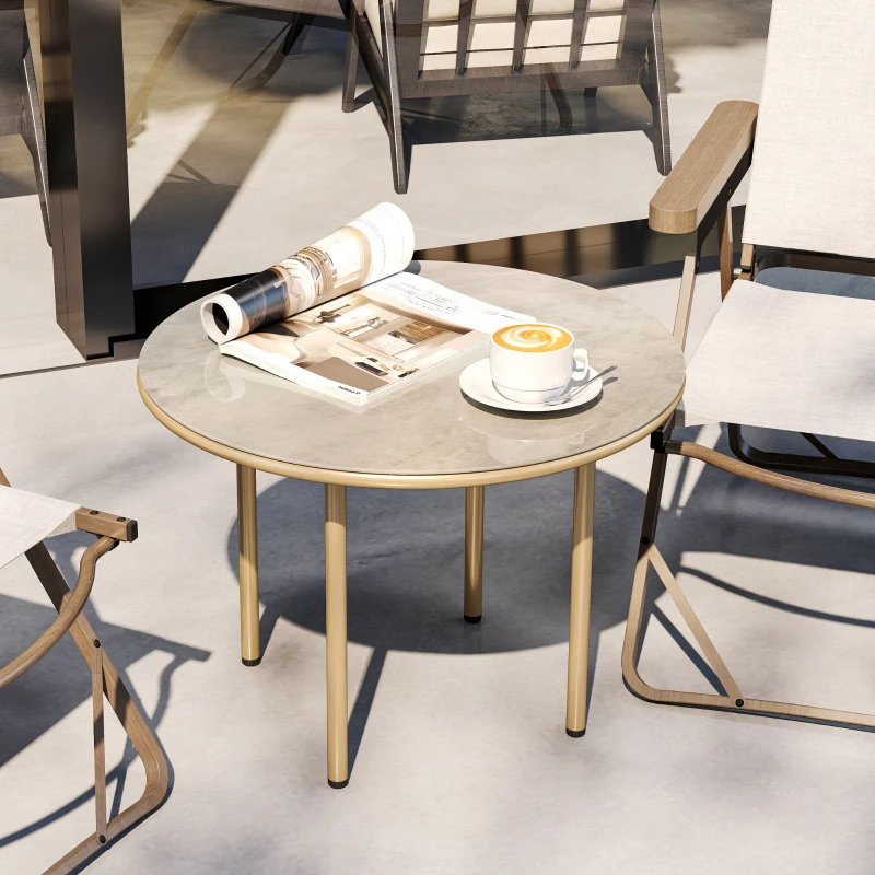 Outsunny Round Coffee Table, Modern End Side Table with Faux Marble Tempered Glass Top, Steel Frame for Living Room, Bedroom, Office, Beige