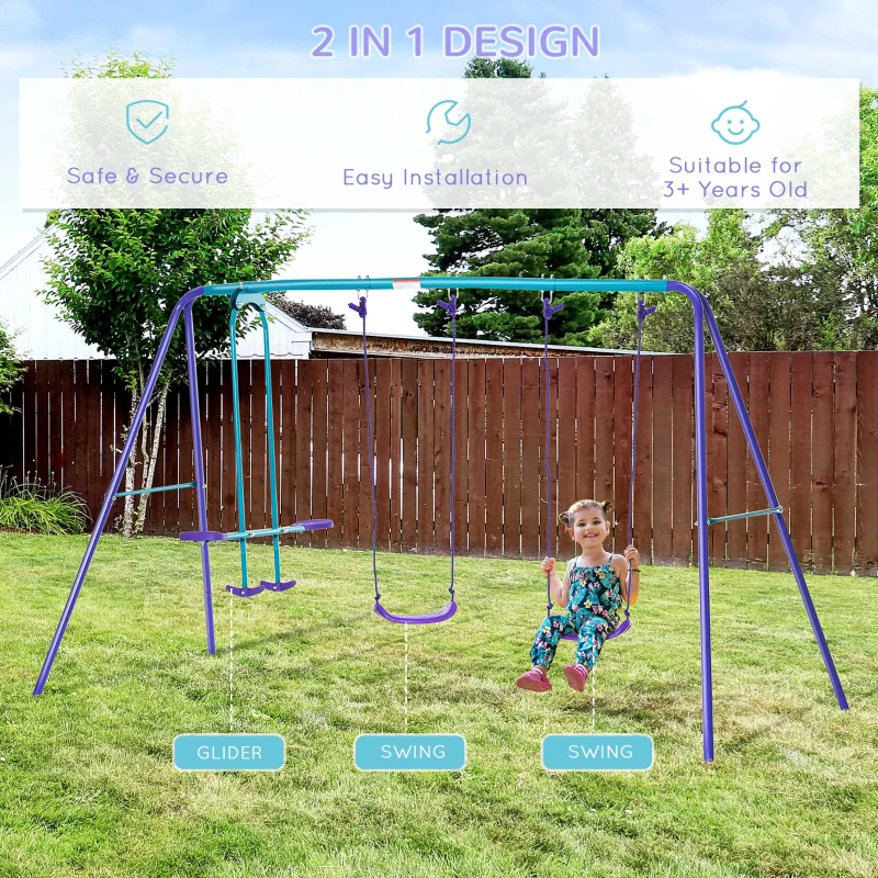 Outsunny Metal Swing Set, with Seesaw, Adjustable Height, for Ages 3+ Years, Purple