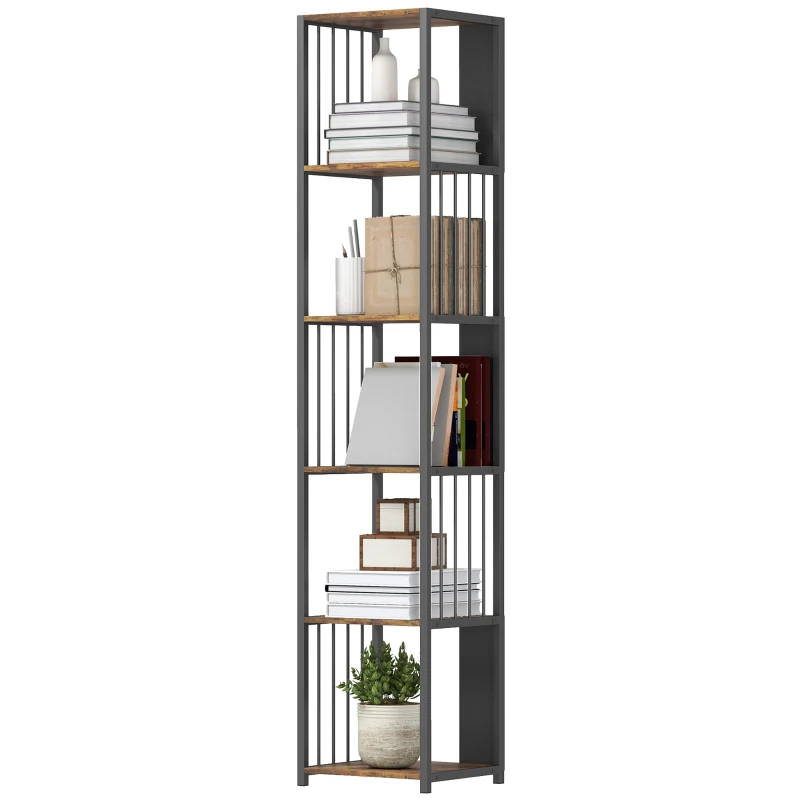 HOMCOM 5-Tier Bookshelf with Steel Frame - Rustic Brown