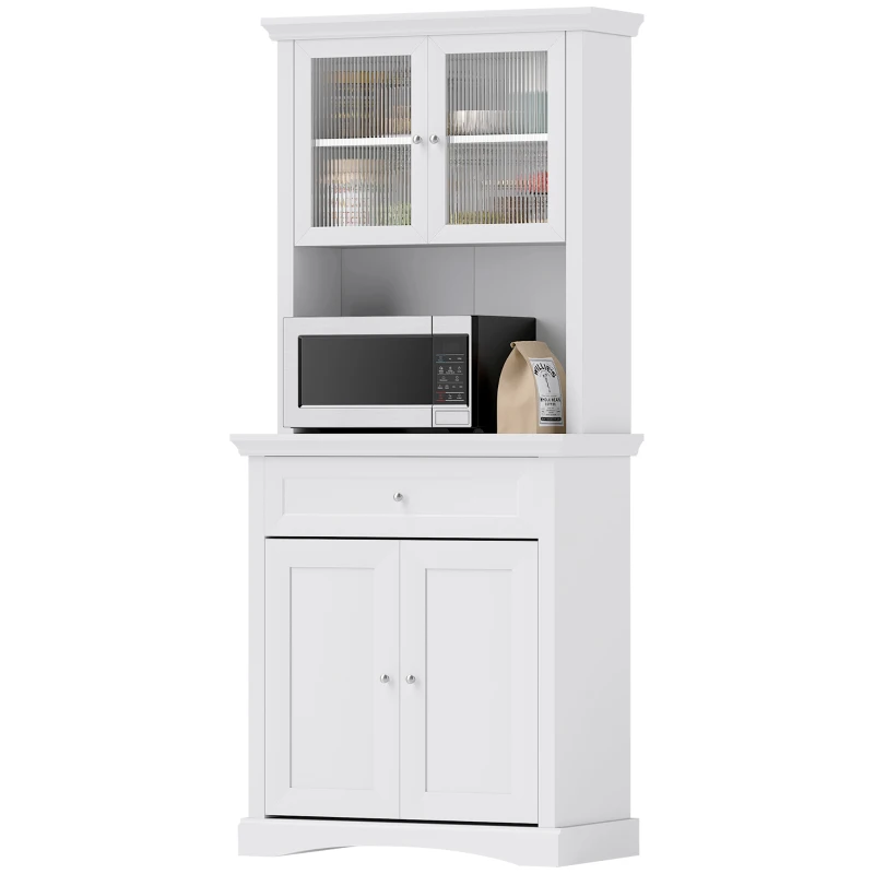 HOMCOM 4-Door Kitchen Cupboard with Drawer, Freestanding Kitchen Cabinet with Glass Doors, Adjustable Shelves and Open Counter, White