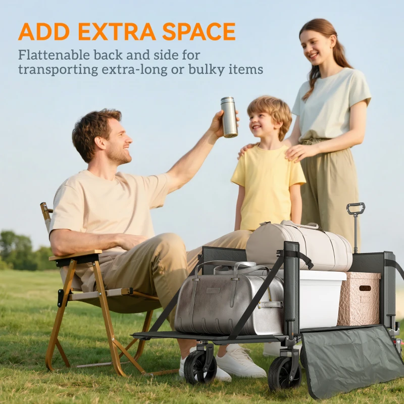 Outsunny Festival Trolley on Wheels, 150L Folding Camping Trolley Cart with Openable Sides, Adjustable Handle and Brakes for Shopping Beach Garden Fishing, Grey