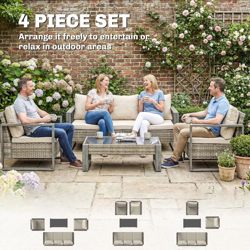 Outsunny 4 Piece Rattan Garden Furniture Set with 3-Seater Sofa, Armchairs, Table, Aluminium Frame Patio Conversation Set, Khaki