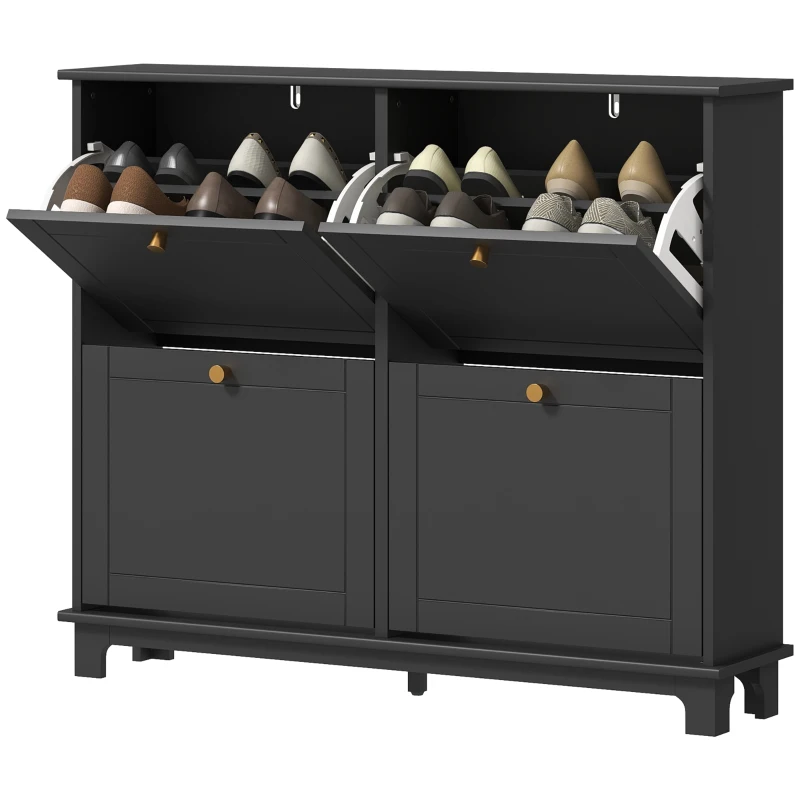 HOMCOM Narrow Shoe Storage Cabinet, Slim Shoe Cabinet with 4 Flip Drawers, Adjustable Shelves for 16 Pairs of Shoes, Black