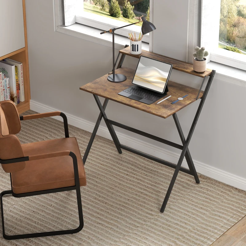 HOMCOM 81.5 cm Folding Computer Desk with Monitor Shelf - Rustic Brown