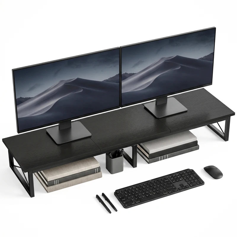 HOMCOM Soporte Monitor Escritorio, Elevador de Madera con 2 Compartimentos Portaobjetos, Negro