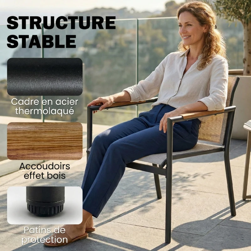 Outsunny Salon de Jardin 4 Pièces en Textilène, Canapé, 2 Fauteuils, Table Basse avec Plateau en Métal, 106x70,5x77cm, Crème