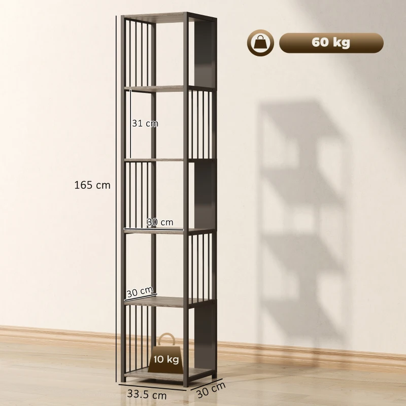 HOMCOM 5-Tier Bookshelf with Steel Frame - Grey