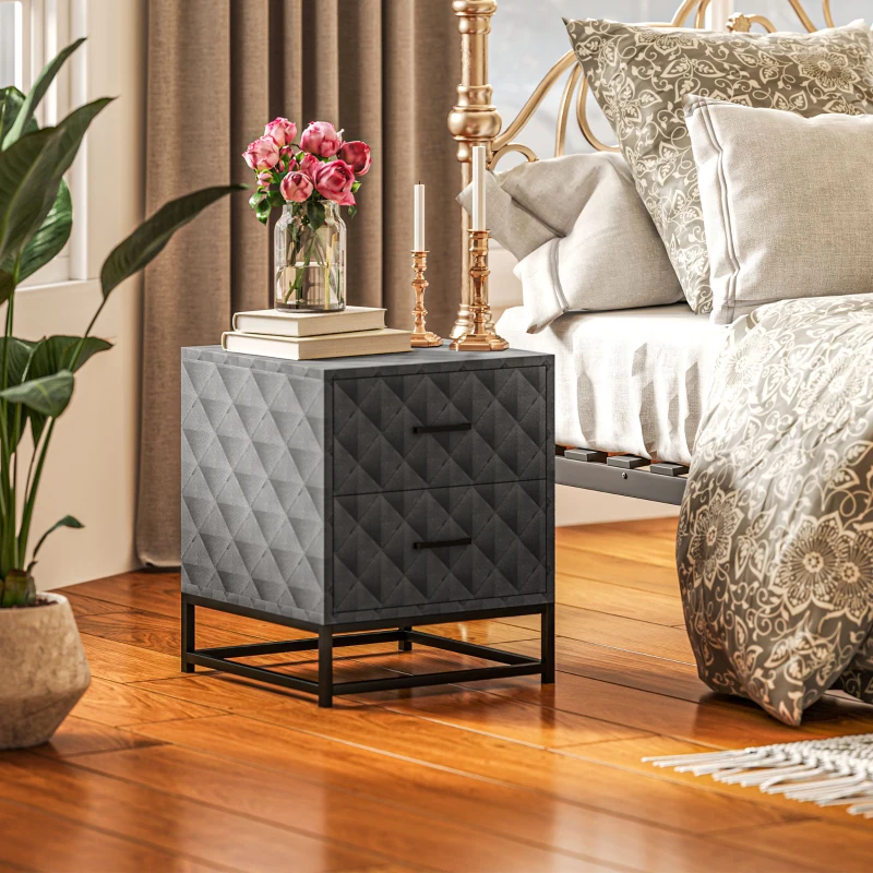 HOMCOM Bedside Tables Set of 2, Modern Bedside Table Nightstand with 2 Drawers, Bedside Cabinet Sofa Side Table with Storage, Steel Legs for Bedroom, Living Room, Grey
