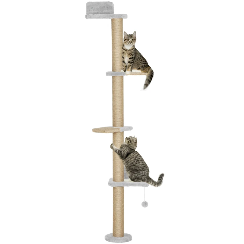 PawHut Wall Mounted Cat Shelves, Cat Climbing Wall with 4 Climbing Platforms, Jute Scratching Post and Toy Ball,180cm Tall, Light Grey