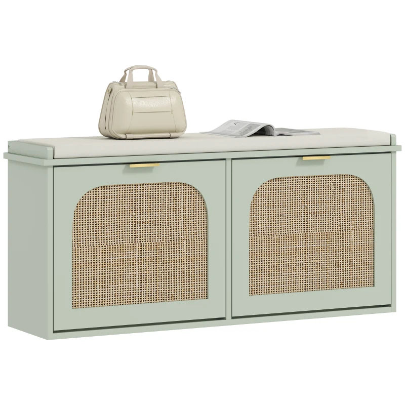 HOMCOM Boho Shoe Bench with Padded Seat and 2 Flip-Drawers - Light Green