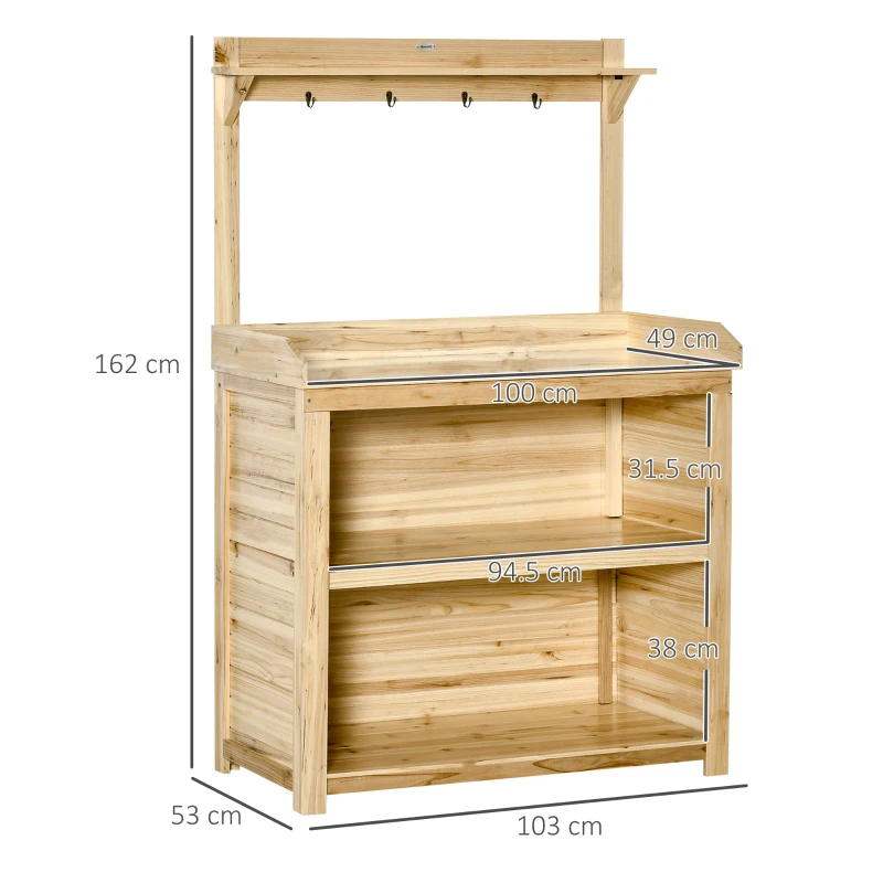 Outsunny Garden Potting Bench Table, Wooden Workstation Bench w/ Galvanized Metal Tabletop, Storage Shelves and Hooks, Natural