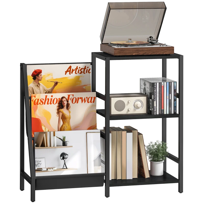 HOMCOM 3-Tier Record Player Stand, End Table for Living Room, Bedroom - Black Wood Effect