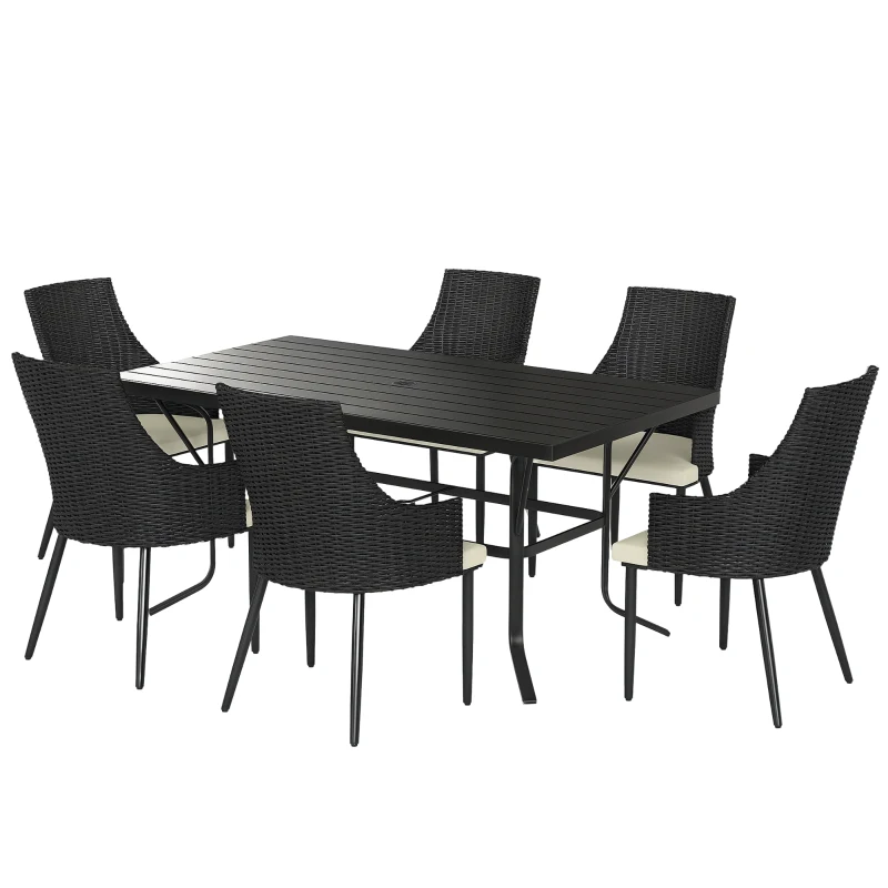 Outsunny 6 Seater Rattan Dining Set with Cushions, Garden Furniture Set with Armchairs, Rectangle Slatted Table Top, Steel Frame, Parasol Hole, Wicker Outdoor Furniture for Patio, Balcony, Cream White
