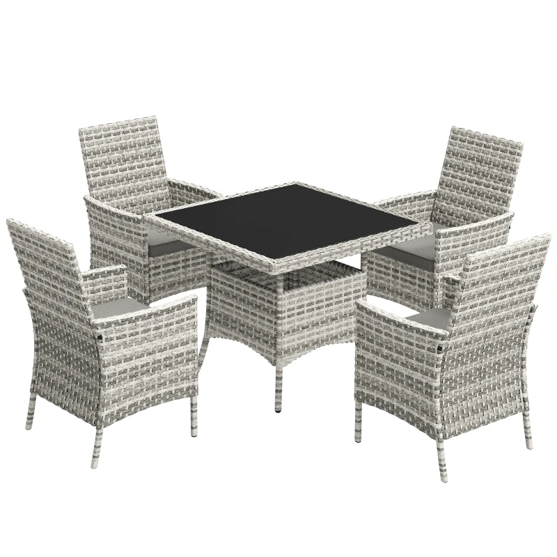 Outsunny Rattan Garden Furniture Set, Outdoor Dining Table and Chairs 4 Seater with Cushions, Square Tempered Glass Top, 4 Armchairs, for Balcony, Terrace, Conservatory, Mixed-Grey