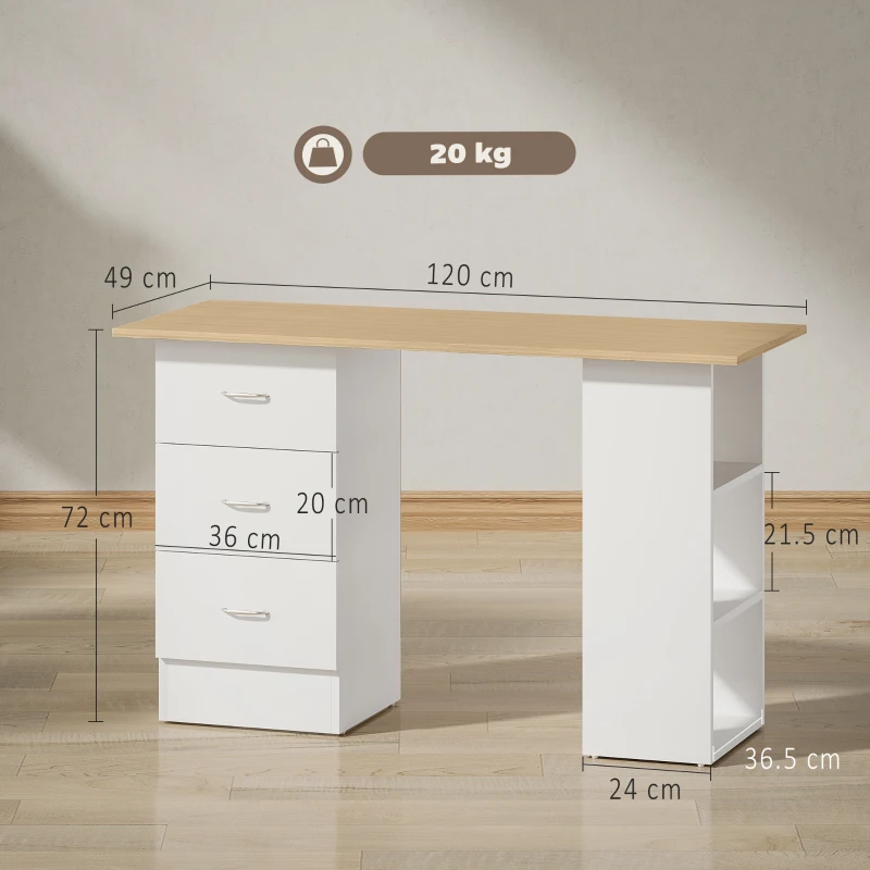 HOMCOM Computer Desk with Drawers, Home Office Desk, Writing Table, PC Workstation with 3 Storage Shelves for Working, Study, 120 x 49 x 72 cm, Natural Wood Finish and White