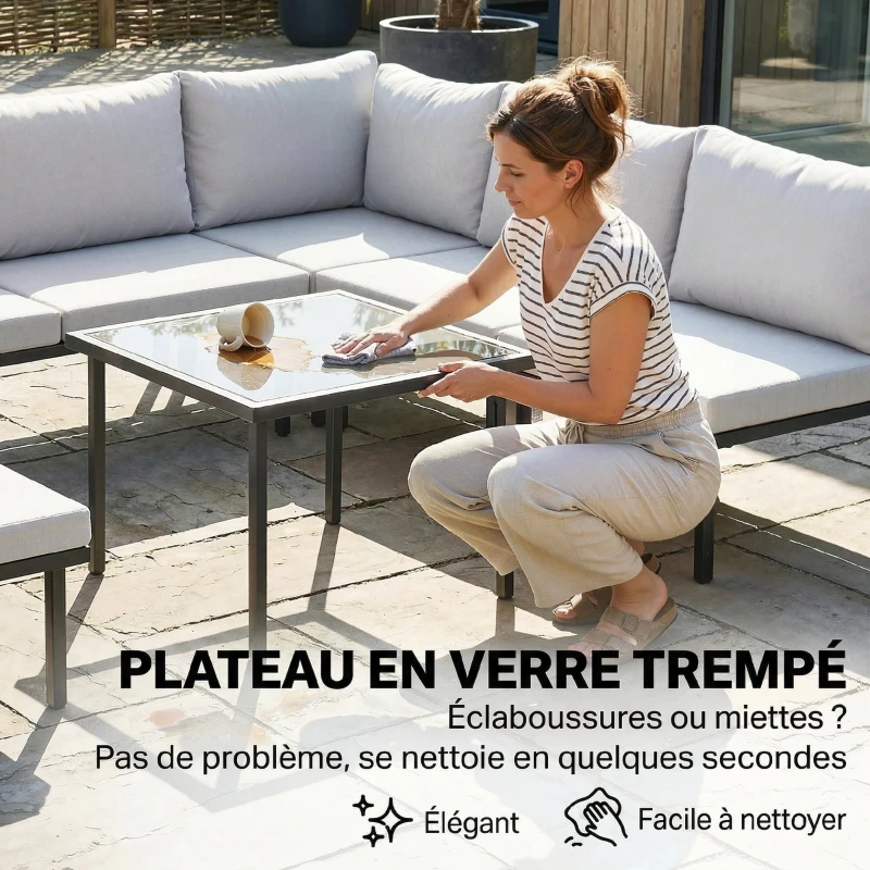 Outsunny Salon de jardin extérieur d'angle modulable 6 personnes, table basse avec plateau en verre trempé, gris clair