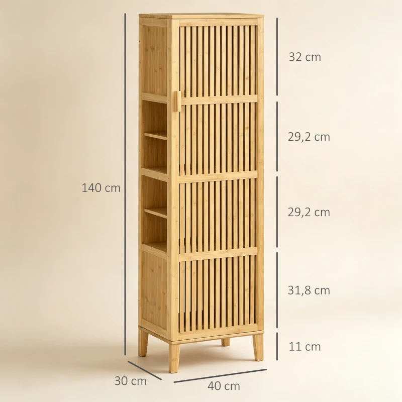HOMCOM Meuble de rangement en bambou avec étagères et porte design à lamelles pour salle de bain chambre salon 40 x 30 x 140 cm