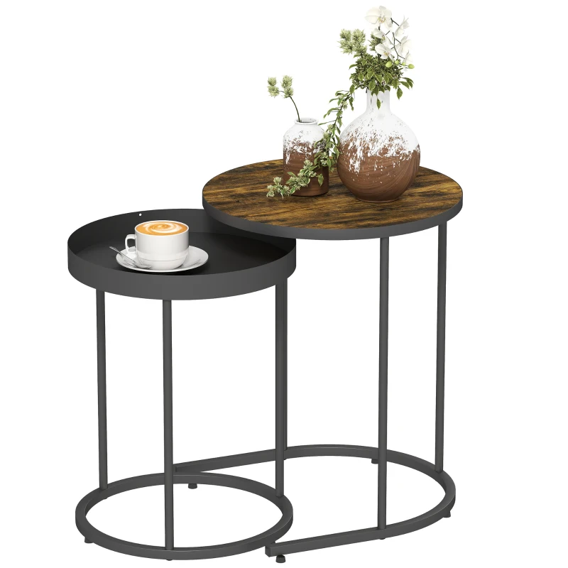 HOMCOM Set of Two Industrial Nesting Tables - Brown/Black
