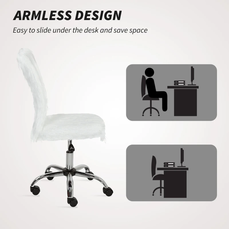 HOMCOM Plush Office Desk Chair, Modern Armless Swivel Vanity Chair with Adjustable Height for Home Office, Bedroom, Living Room, White