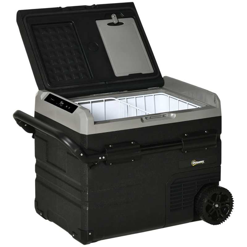 Outsunny 50L Car Refrigerator, Portable Compressor Cooler Box, Fridge Freezer w/ Inner LED Light, Foldable Handles, Cup Holders, 12/24V DC and 110-240V AC for Campervan RV Boat Travel Down to -20℃