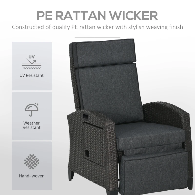 Outsunny Outdoor Recliner Chair with Adjustable Backrest and Footrest, Cushion, Side Tray, Dark Grey/Brown