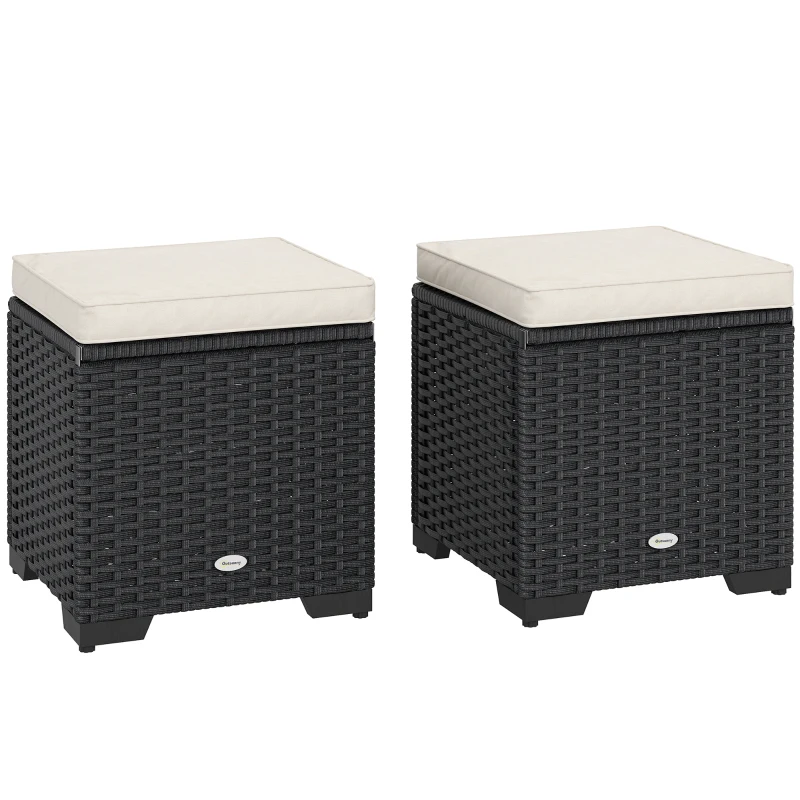 Outsunny Set of 2 Rattan Storage Ottoman, Outdoor Footstool with Removable Cushions, Garden Storage Seat for Balcony, Porch, Living Room, Cream