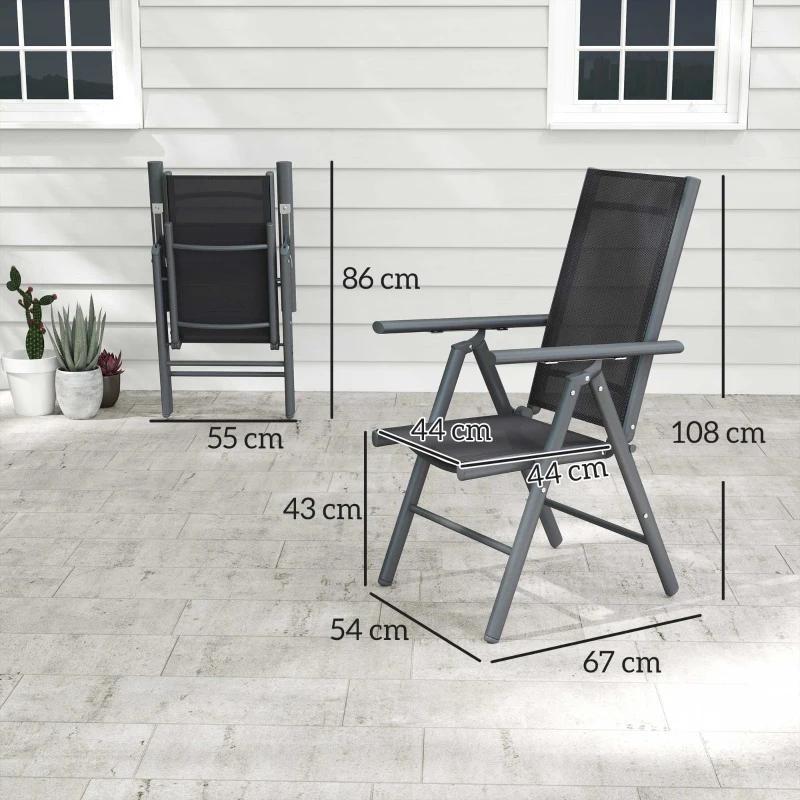 Outsunny Set of 2 Folding Garden Chairs, Aluminium Frame Outdoor Dining Chairs with Breathable Mesh Back and Seat, Garden Folding Chair Set with Armrests for Balcony, Dark Grey