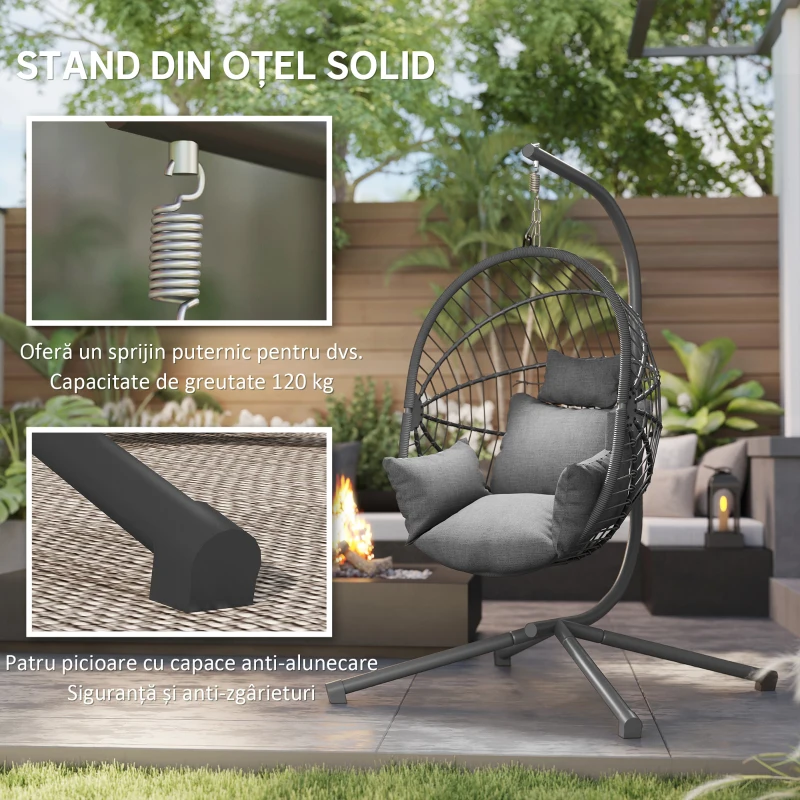 Outsunny Scaun Suspendat de Exterior, cu Pernă, Tip Ou, 120 cm x 106 cm x 188 cm, Gri