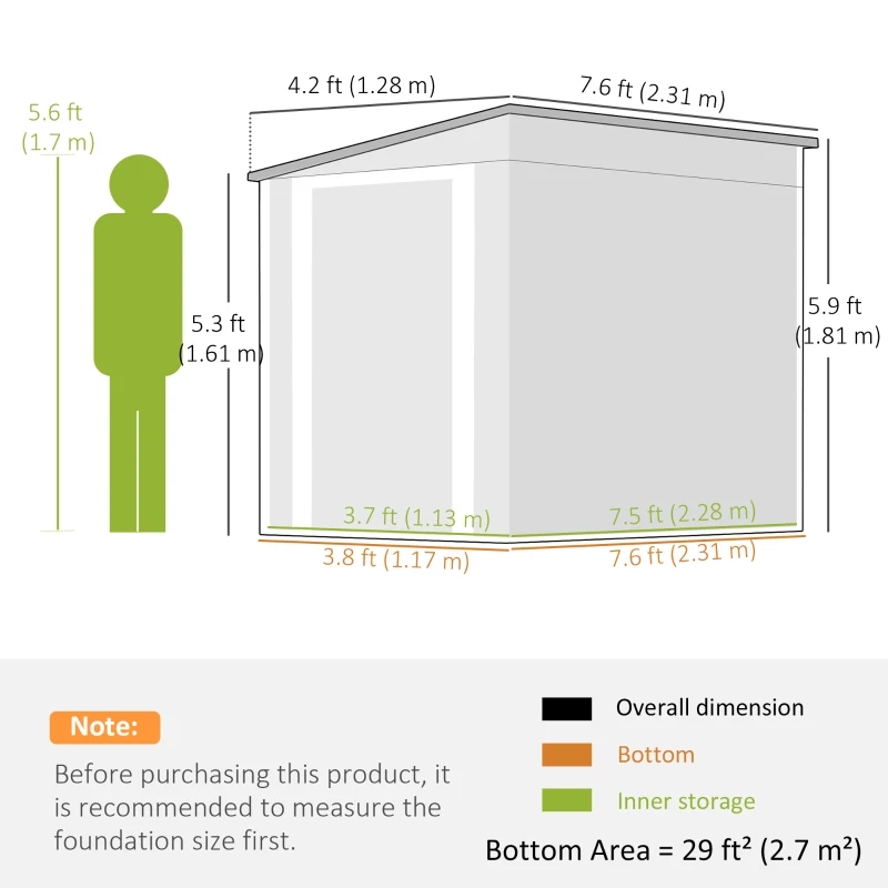 Outsunny 7.6 x 4ft Garden Metal Shed, Outdoor Storage Shed with Window, 2 Vents and Lockable Door for Garden, Patio, Dark Grey
