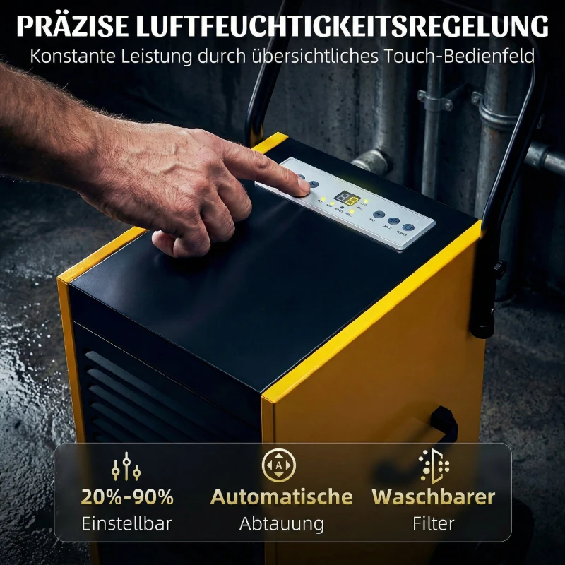 DURHAND Gewerbe-Luftentfeuchter 70L/Tag mit Rädern und Griff, kontinuierlicher Ablaufschlauch, 24-Stunden-Timer, 5,5L Tank, Gelb
