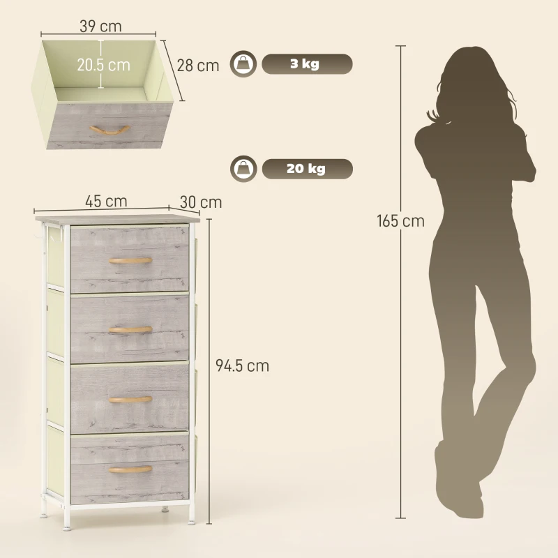 HOMCOM Chest of Four Fabric Drawers - Natural Wood Finish