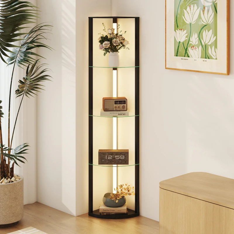 HOMCOM LED Floor Lamp with Shelves, Dimmable Standing Lamp with Foot Switch for Living Room, Bedroom, Black