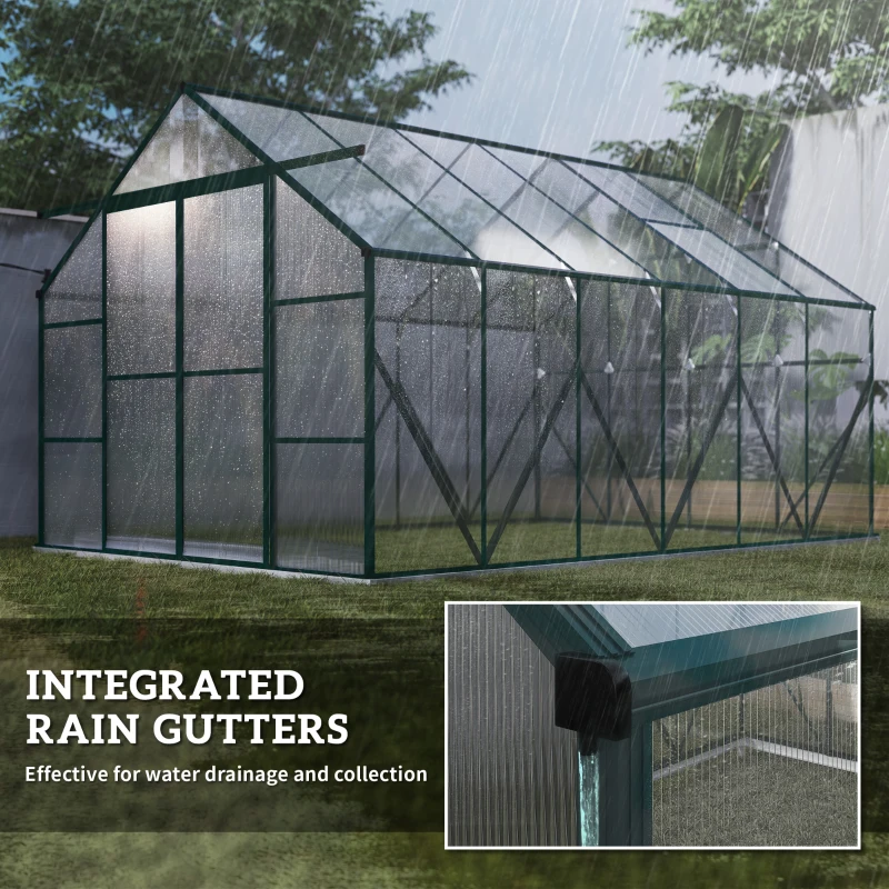 Outsunny 8 x 12ft Aluminium Greenhouse Polycarbonate Walk in Garden Greenhouse Kit with Adjustable Roof Vent, Double Sliding Door, Rain Gutter and Foundation, Clear