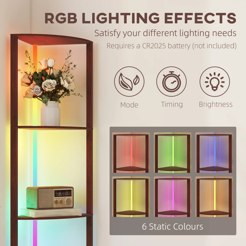 HOMCOM RGB LED Floor Lamp with Shelves, 5-Tier Dimmable Standing Lamp with Adjustable Brightness and Remote Control, Modern Corner Display Shelf Unit for Living Room Bedroom Office, Brown