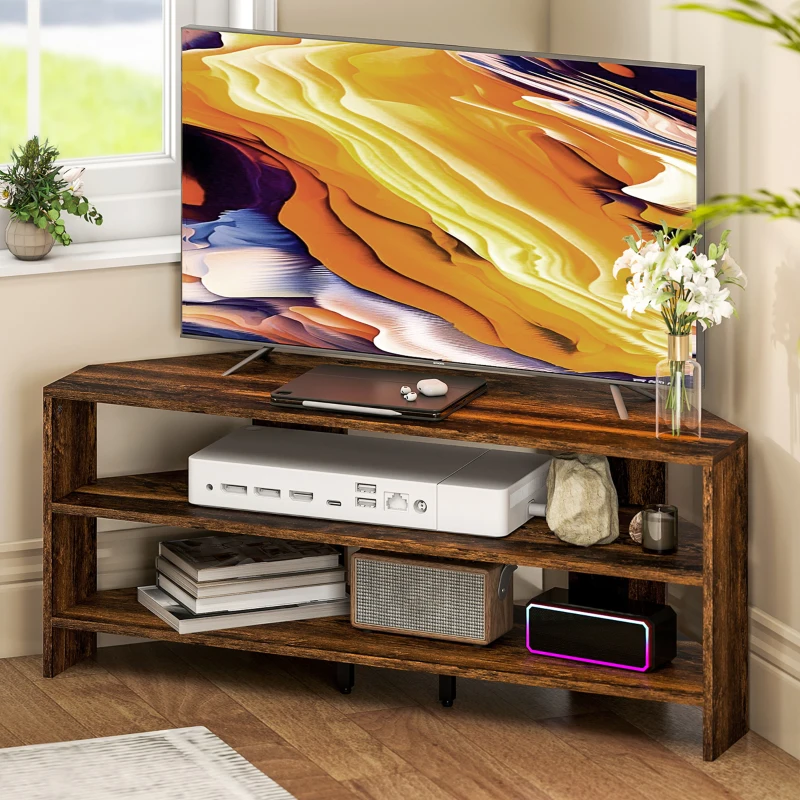 HOMCOM Corner TV Stand with 2 Open Shelves for 47 Inch TV - Rustic Brown