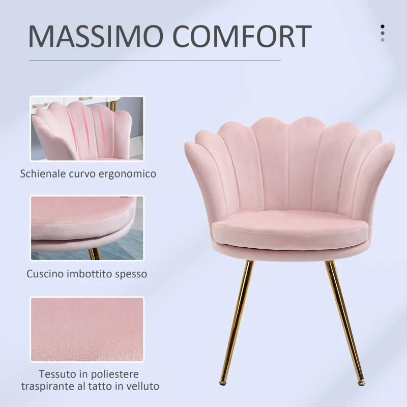 HOMCOM Poltrona da Salotto a Conchiglia Stile Vintage in Velluto con Gambe Dorate Rosa