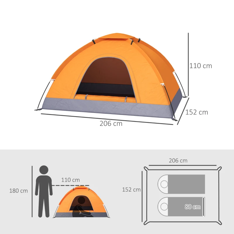 Outsunny 2 Person Camping Tent, Dome Tent with Zipped Doors, Storage Pocket, Portable Handy Bag, Orange
