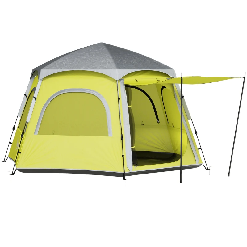 Outsunny Instant Pop Up Camping Tent, 2/3/4 Person Easy Setup Dome Family Tent with Vestibule, Rainfly, 4 Mesh Windows & 2 Doors, Hexagonal Design, Waterproof & UV Protected, Yellow Green