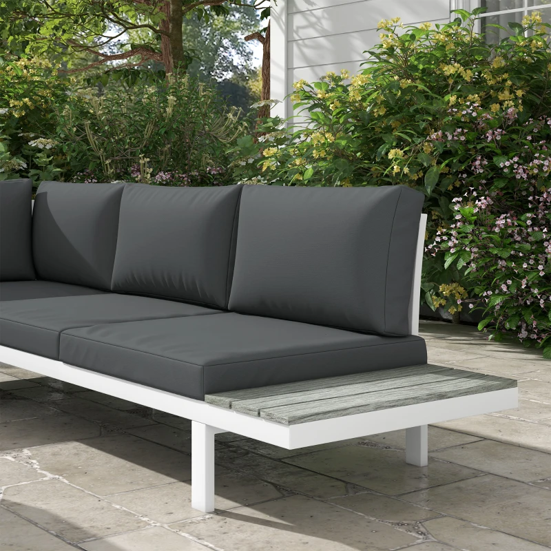 Outsunny 4 Pieces Garden Furniture Set, 5-Level Reclining Garden Corner Sofa Set, Outdoor Lounge Conversation Sectional with Cushions, Wood Effect Plastic Table, White Frame & Grey Cushion