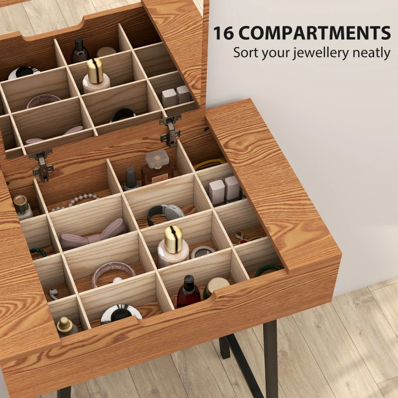HOMCOM Vanity Desk with Flip-Up Mirror, Industrial Dressing Table with 16 Small Compartments for Bedroom, Natural Wood Effect