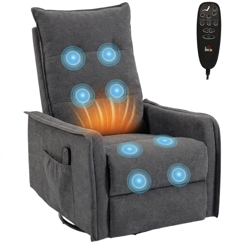 HOMCOM Recliner Armchair, Chenille Recliner Chair with Massage and Heat, 360° Swivel Rocking Manual Recliner, Dark Grey