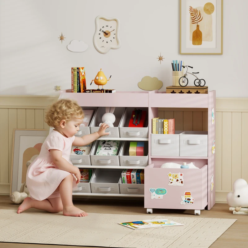 AIYAPLAY Kids Toy Storage Unit with 11 Bins, Cabinet, Top Shelves, 3 Stickers, for Nursery, Playroom, Pink